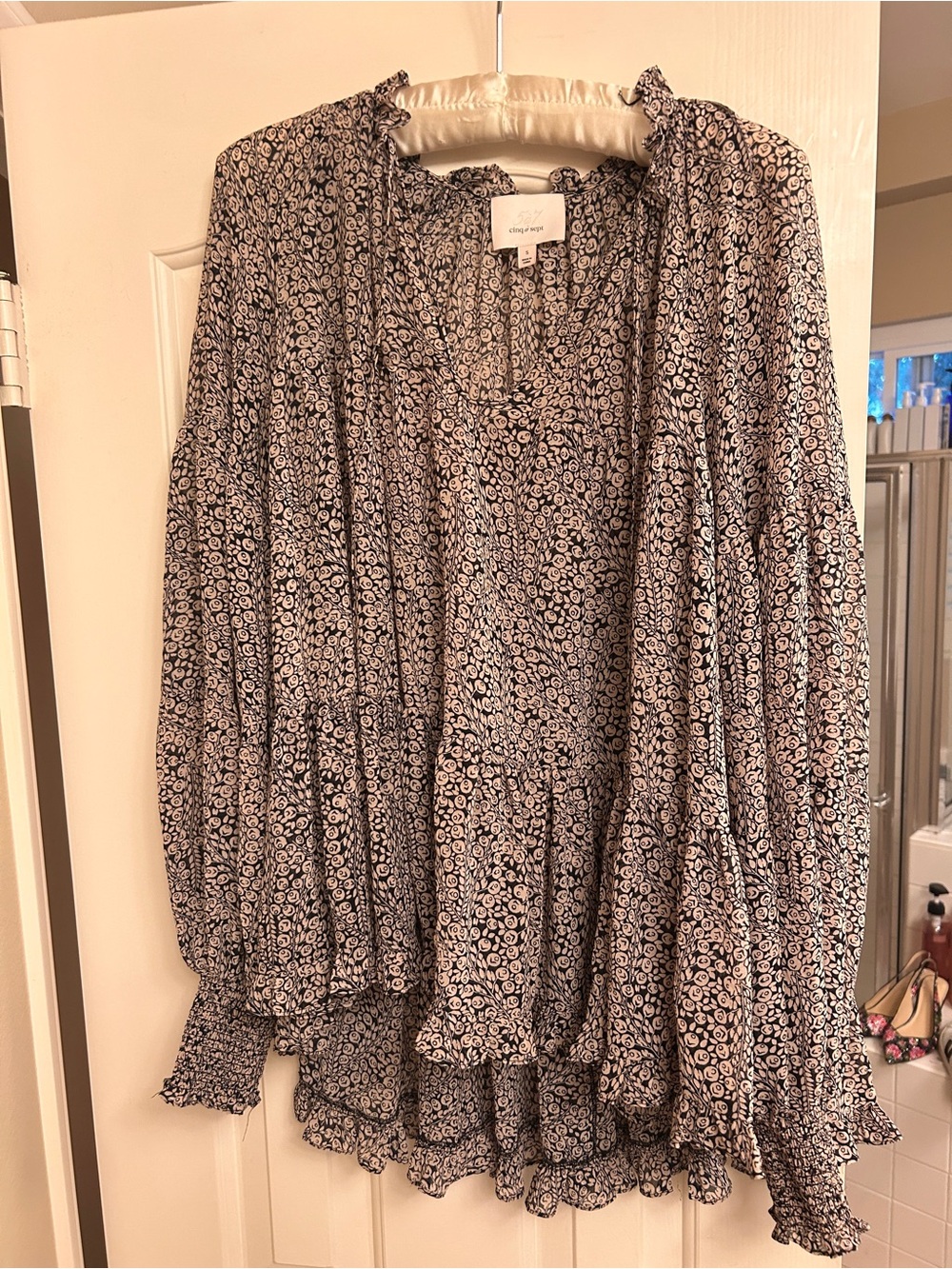 cinq a sept Black & Cream Printed Ruffled Tunic